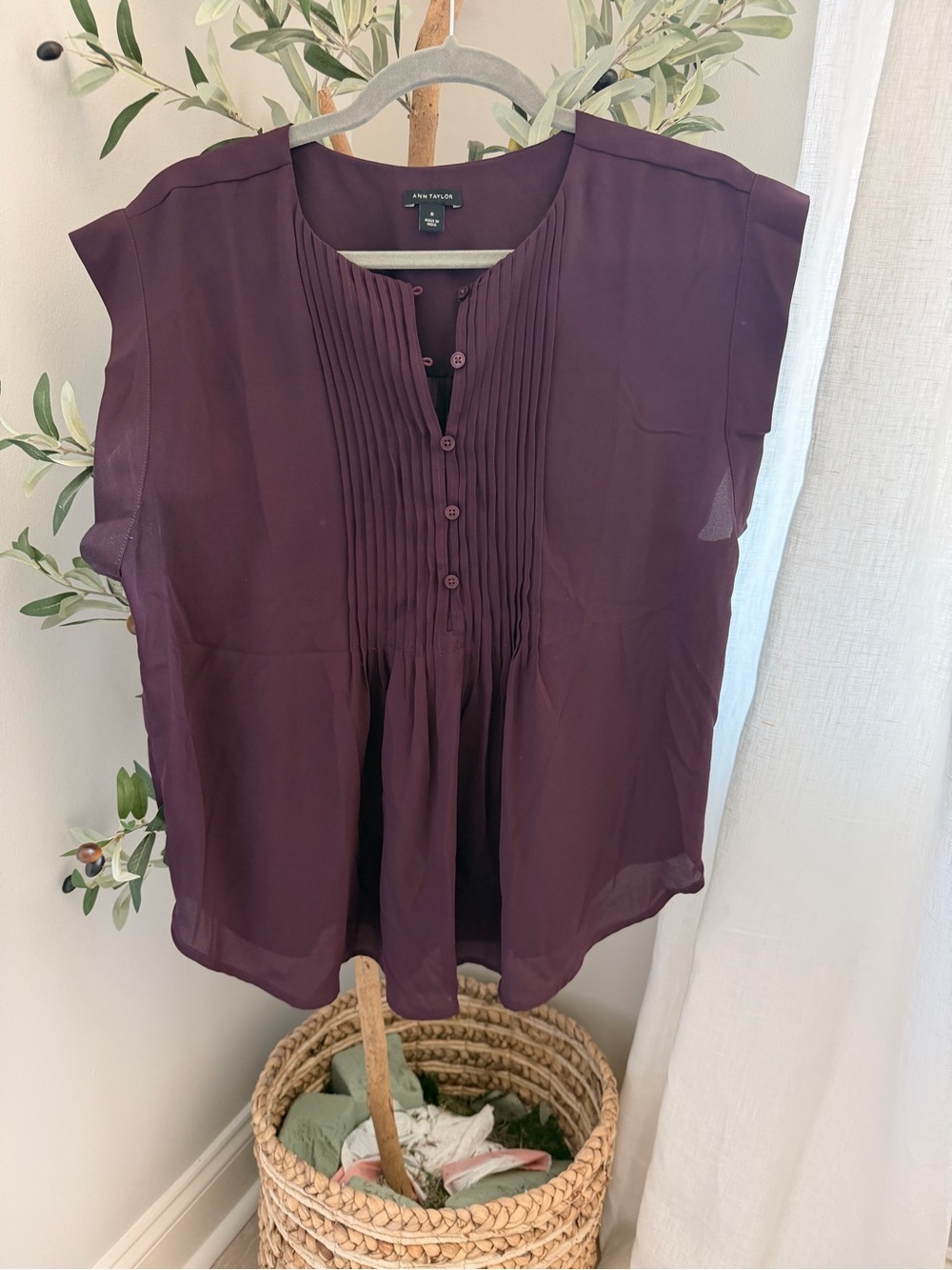 Ann Taylor Plum Pintuck Cap-Sleeve Blouse